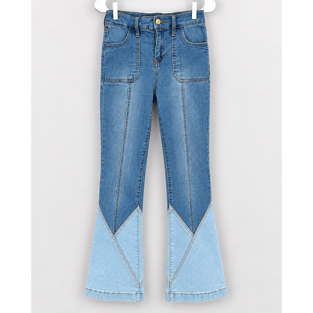 Celebrity Pink Girls Blue Flare Jeans Two Tone Colorblock Patch Pocket Size 14